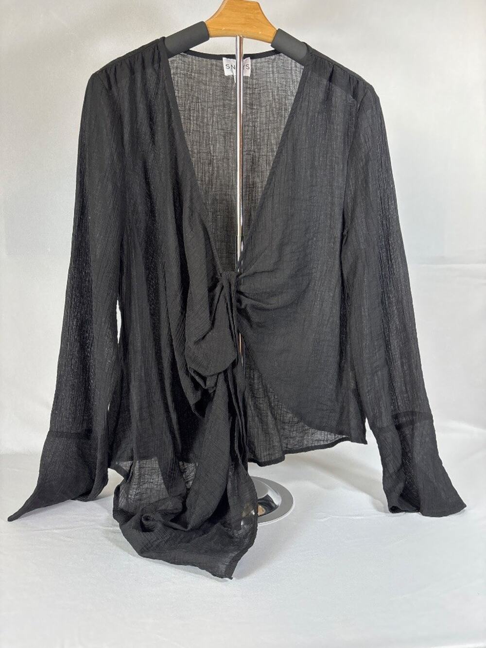 Women’s Black Sheer Tencel Faux Wrap Asymmetrical Blouse XXL Lagenlook Witchy